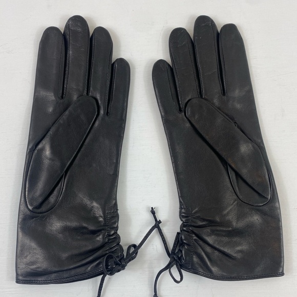 Nine West Women’s Black Leather Gloves Gathered‎ Draw Strings at Wrist Sz M - Picture 3 of 7